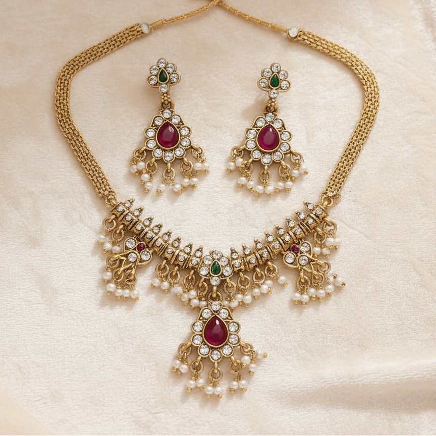 Regal Ruby Drop Kundan Necklace Set