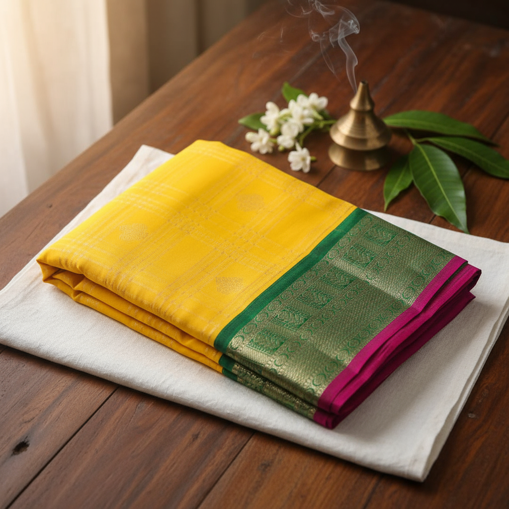 Radiant yellow Kanchipuram Silk Saree with  Green Heavy Zari Border