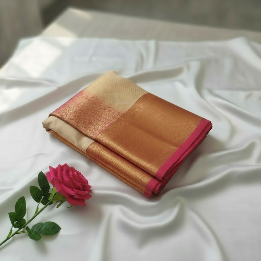 OffWhite Kanchipuram Silk Saree with Pink and Golden Heavy Zari Border