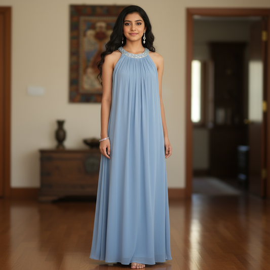 Pastel Blue Georgette Gown with Stone Work Neckline