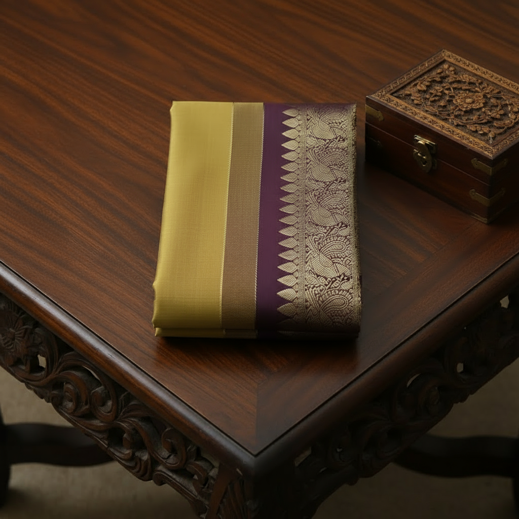 Rich mustard yellow Kachipuram Saree with a Brown border