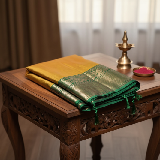 Evergreen  Yellow Kachipuram Saree with a Green border
