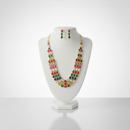 Gold Plated  Navaratna Layered Necklace set