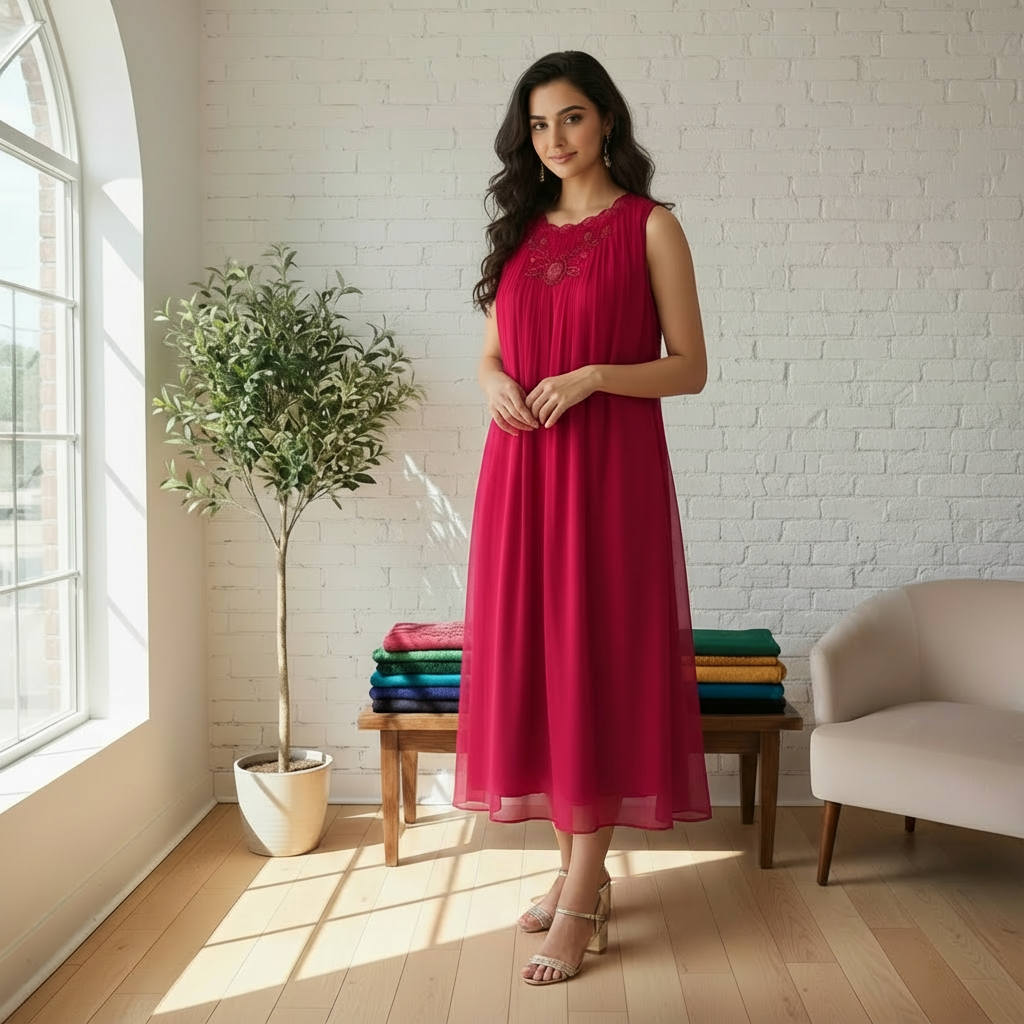 Shade of Red Georgette Dress with Floral Motif Hand Work