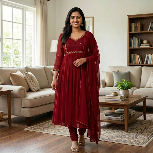 Dark Red Georgette Salwar Set with Handwork