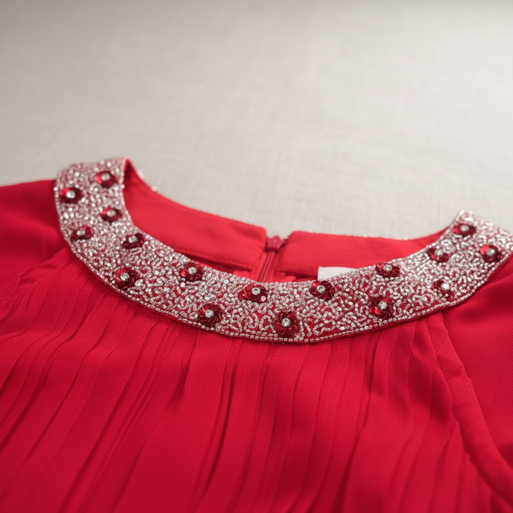 Scarlet Red Georgette Gown with Stone Work Neckline