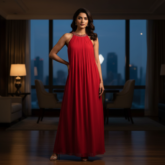 Scarlet Red Georgette Gown with Stone Work Neckline