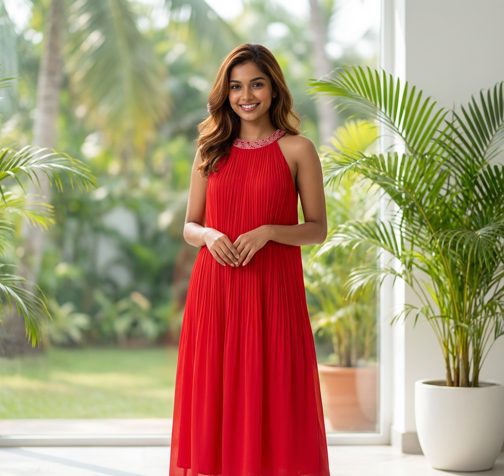 Scarlet Red Georgette Gown with Stone Work Neckline