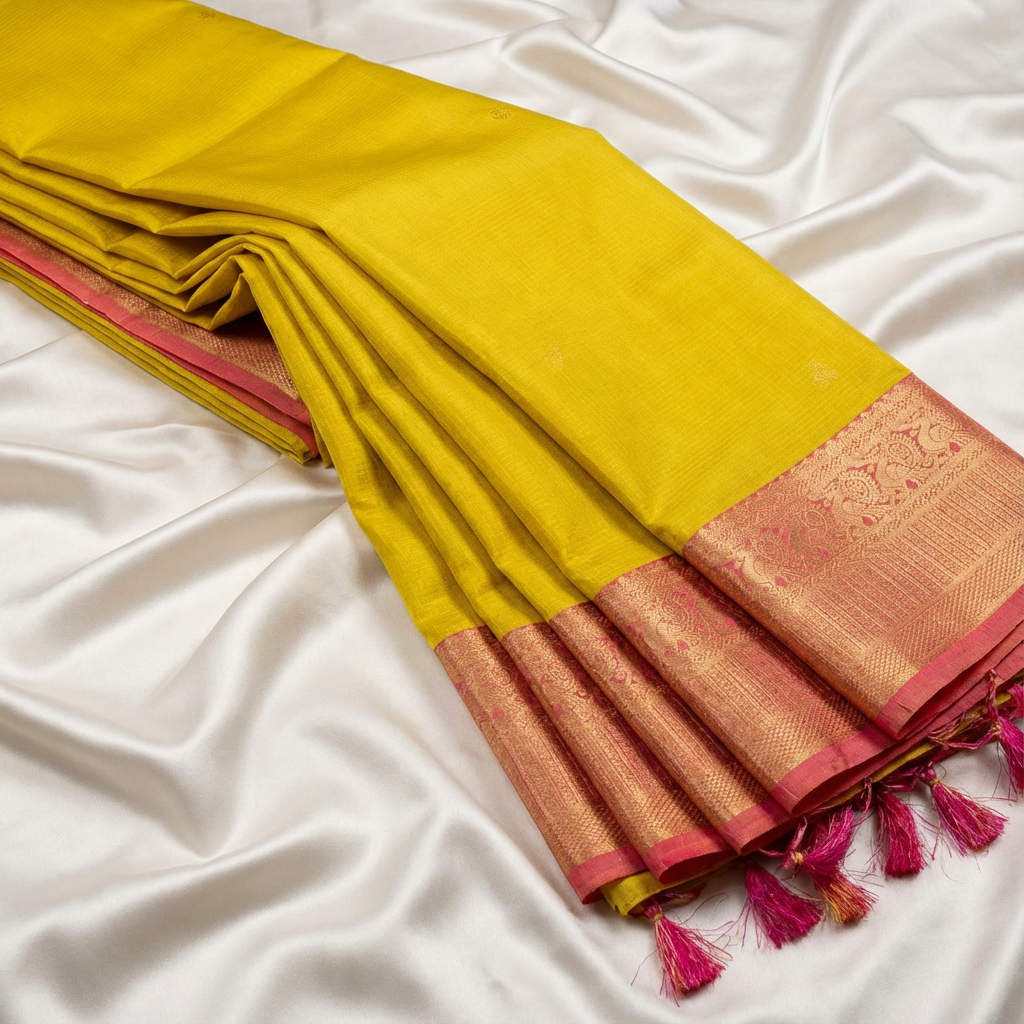 Golden Lime Kanchipuram Silk Saree with Rose Zari Border