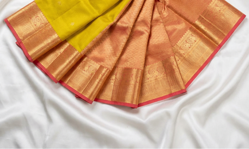 Golden Lime Kanchipuram Silk Saree with Rose Zari Border