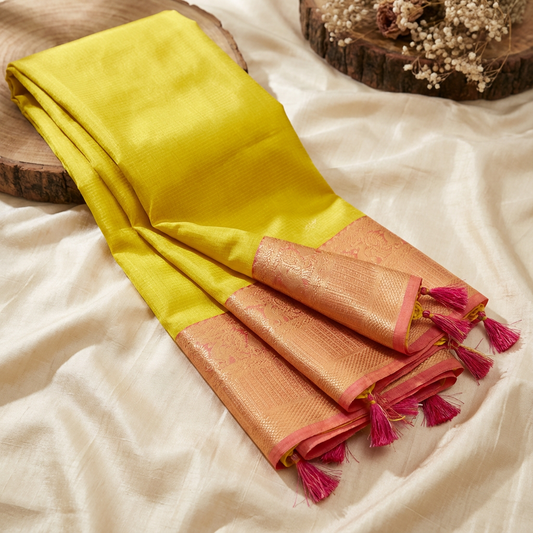 Golden Lime Kanchipuram Silk Saree with Rose Zari Border