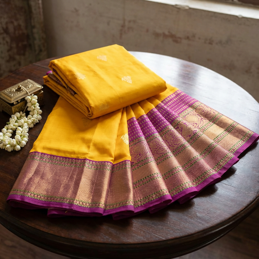 Mango Yellow & Pink Pure Kanchipuram Silk Mark Saree