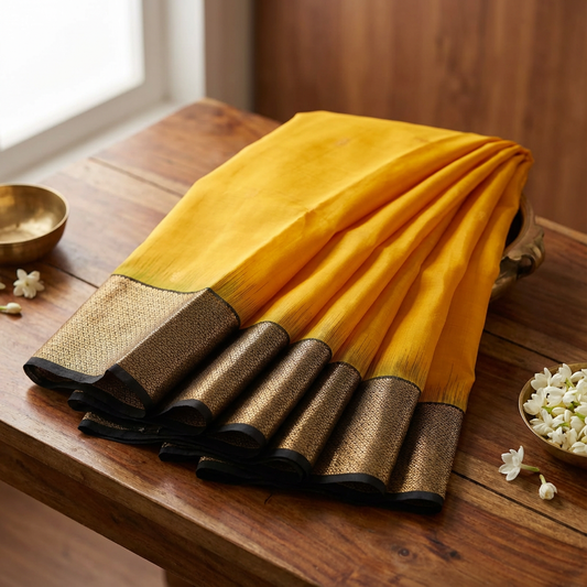 Mango Yellow & Black Pure Kanchipuram Silk Saree with Gold Zari Border