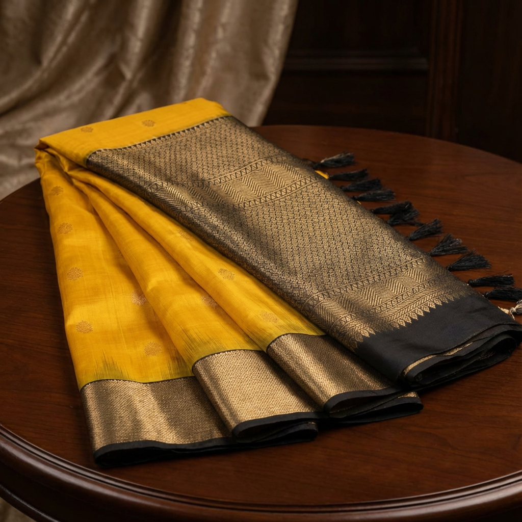 Mango Yellow & Black Pure Kanchipuram Silk Saree with Gold Zari Border