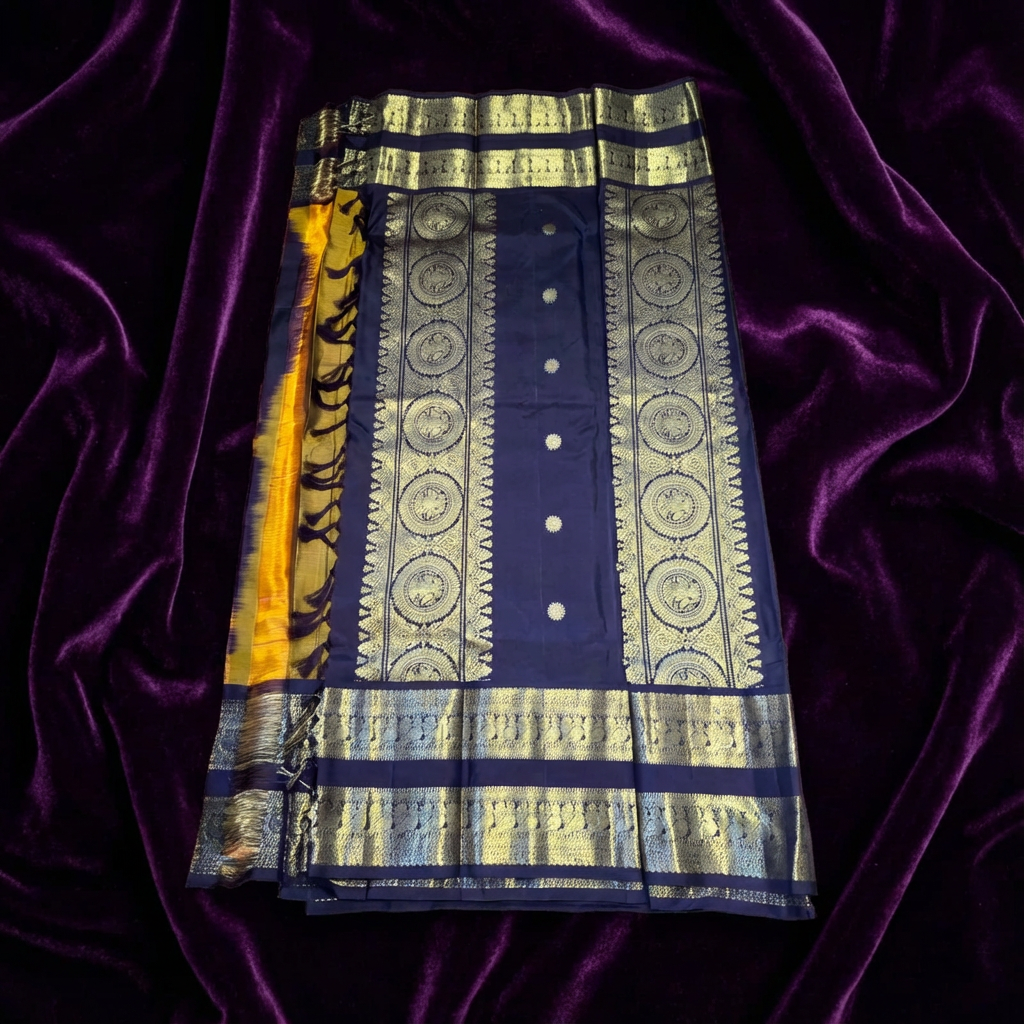 Mustard Yellow & Brown Pure Kanchipuram Silk Mark Saree