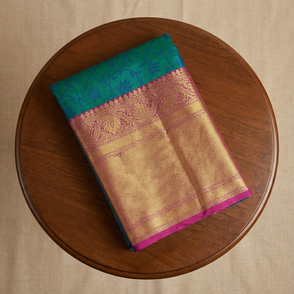 Peacock Green & Purple Pure Kanchipuram Silk Mark Saree