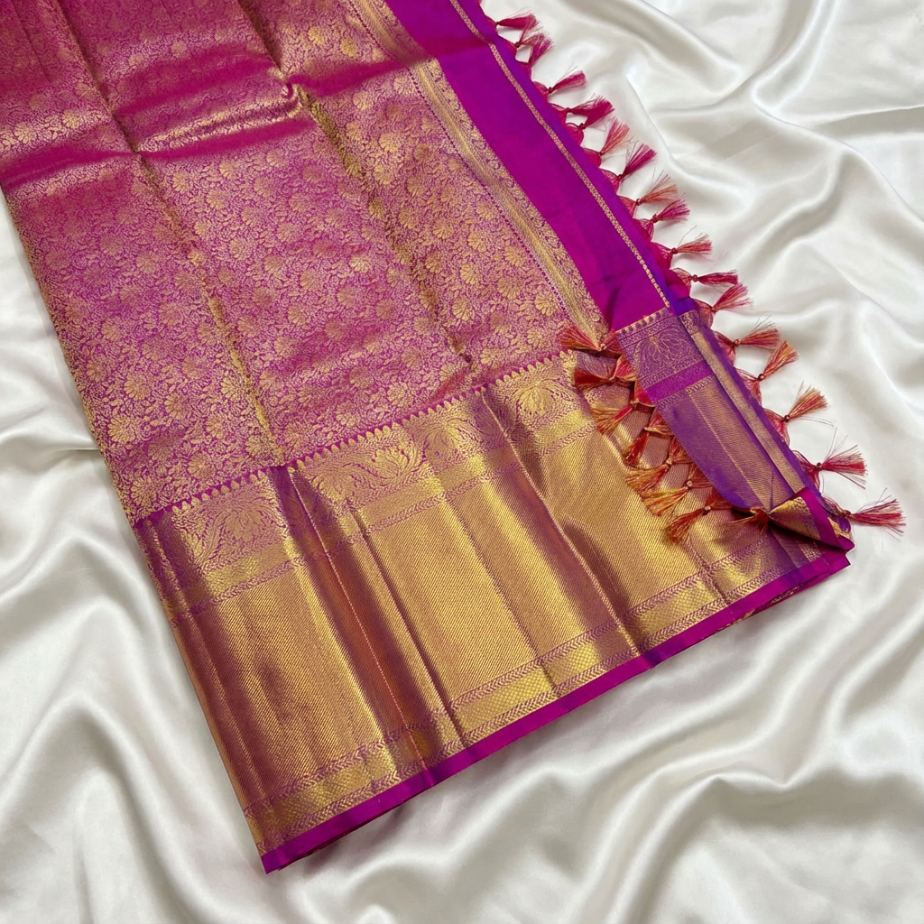 Peacock Green & Purple Pure Kanchipuram Silk Mark Saree