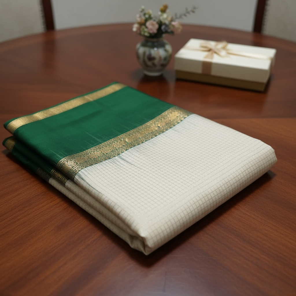 Bottle Green & Off-White Pure Kanchipuram Silk Mark Saree