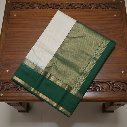 Bottle Green & Off-White Pure Kanchipuram Silk Mark Saree