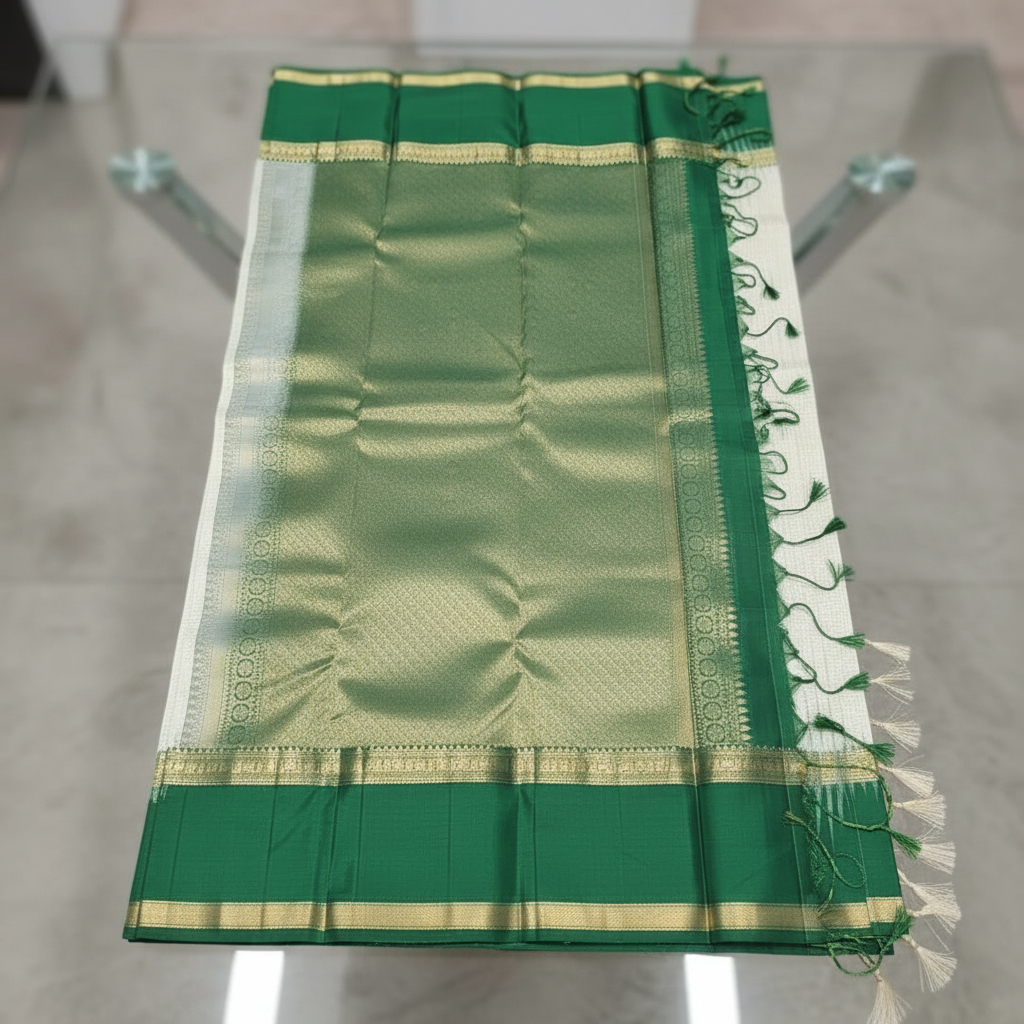 Bottle Green & Off-White Pure Kanchipuram Silk Mark Saree