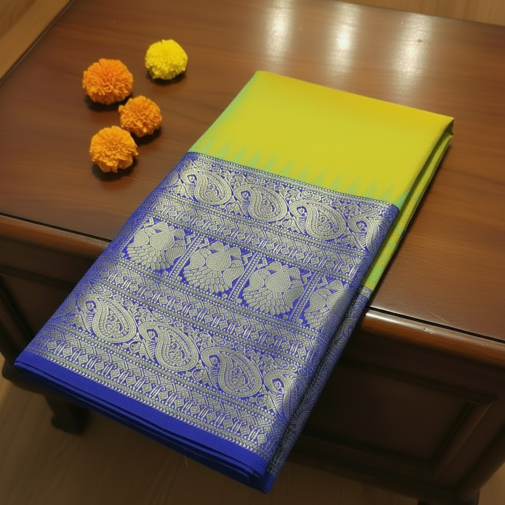 Lime Yellow & Royal Blue Pure Kanchipuram Silk Mark Saree