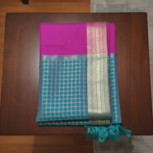 Magenta–Teal Kanchipuram Silk Saree with Antique Gold Zari