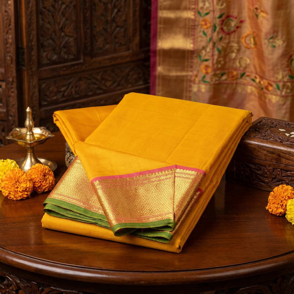 Mango Yellow Kanchipuram Silk Saree with Pink Zari Border