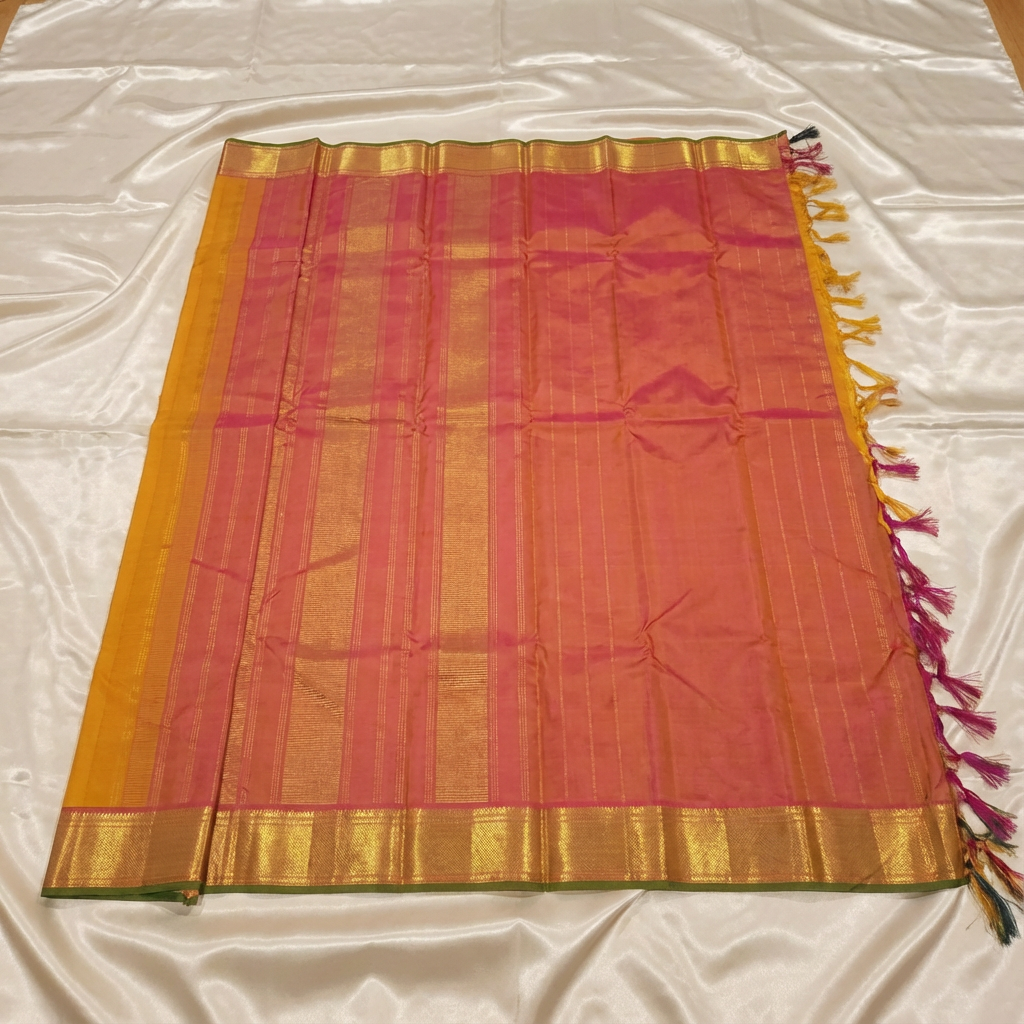 Mango Yellow Kanchipuram Silk Saree with Pink Zari Border
