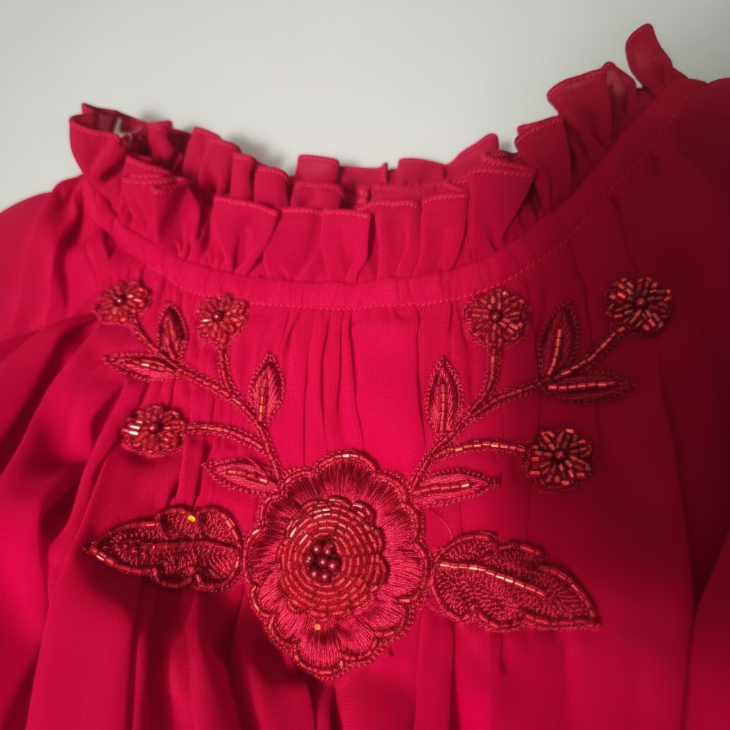 Shade of Red Georgette Dress with Floral Motif Hand Work