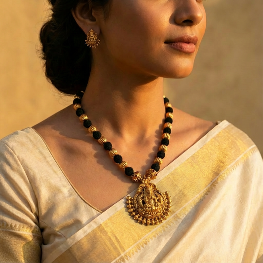 Black Beads with Lakshmi pendant Necklace Set