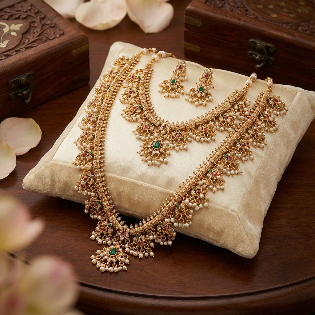 Kundan and pearl Necklace Combo Set