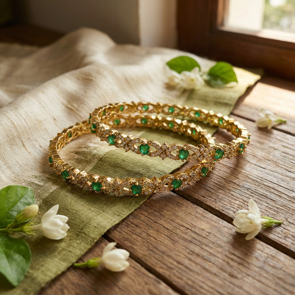 AD Bangle with Emarald and white stones set of 2