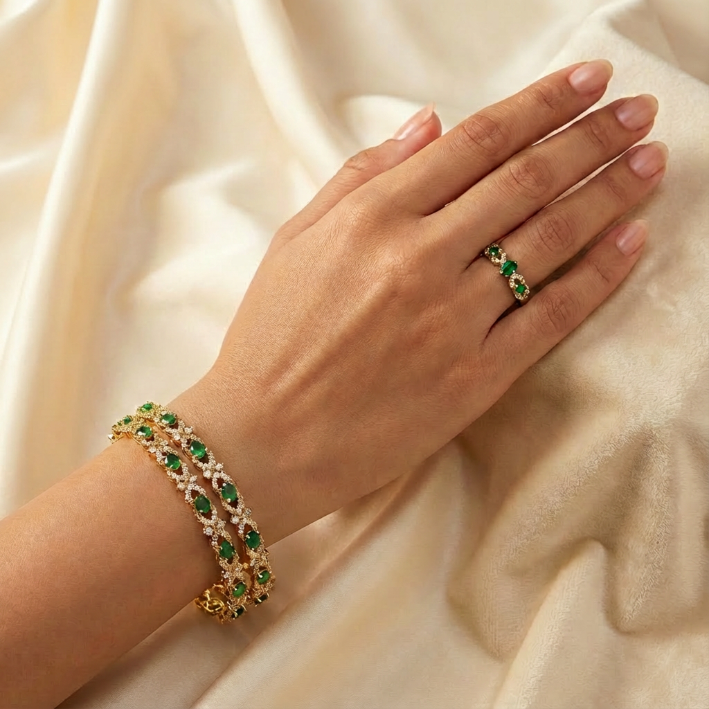 AD Bangle with Emarald and white stones set of 2