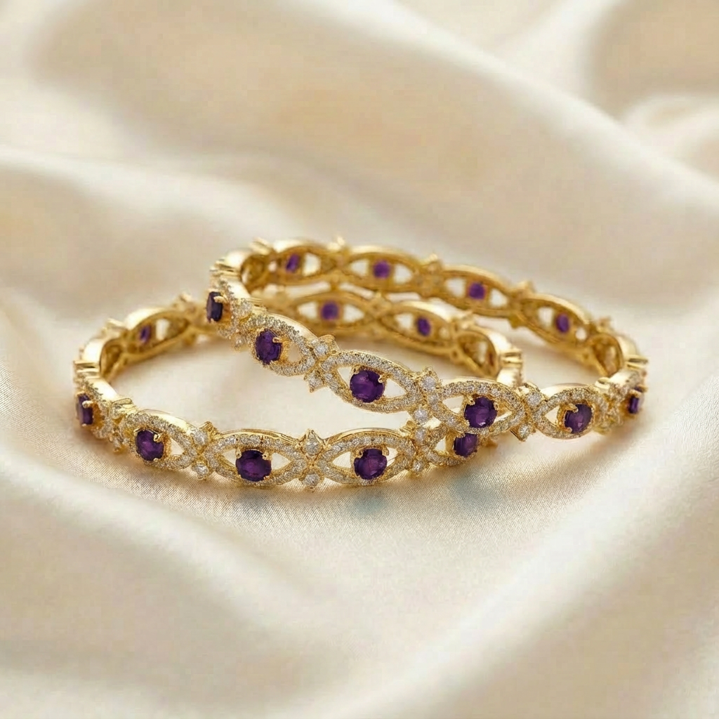 AD Bangle with Purple stone and white stones set of 2