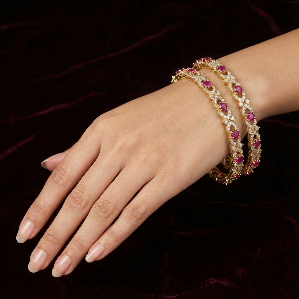 AD Bangle with Pink stone and white stones set of 2