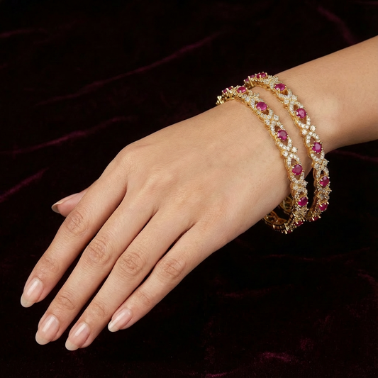 AD Bangle with Pink stone and white stones set of 2