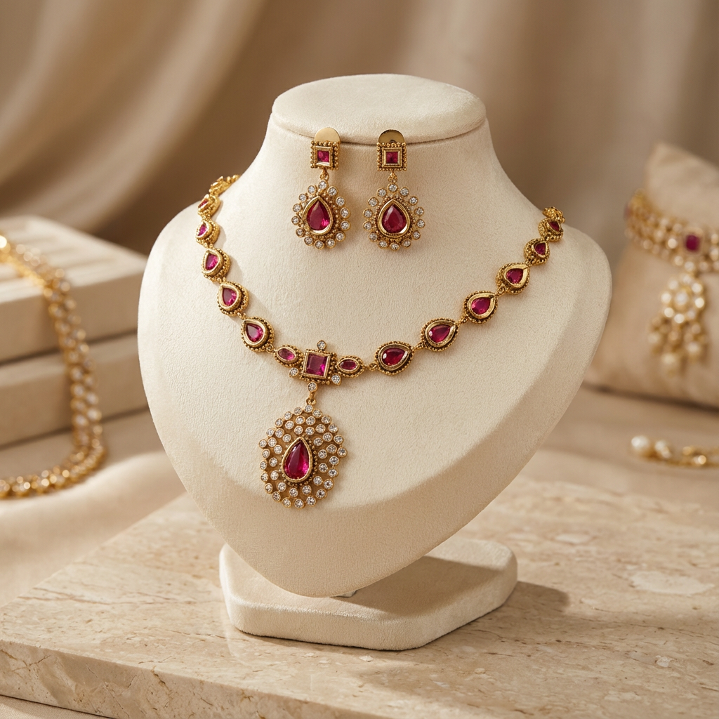 AD and Ruby Short Chain Necklace Set