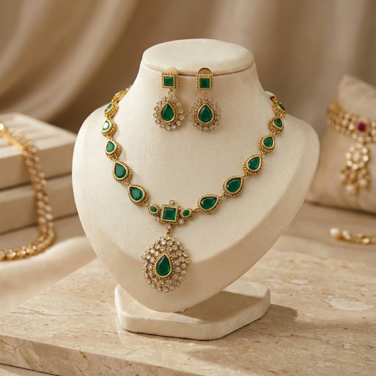 AD and Emerald Short Chain Necklace Set