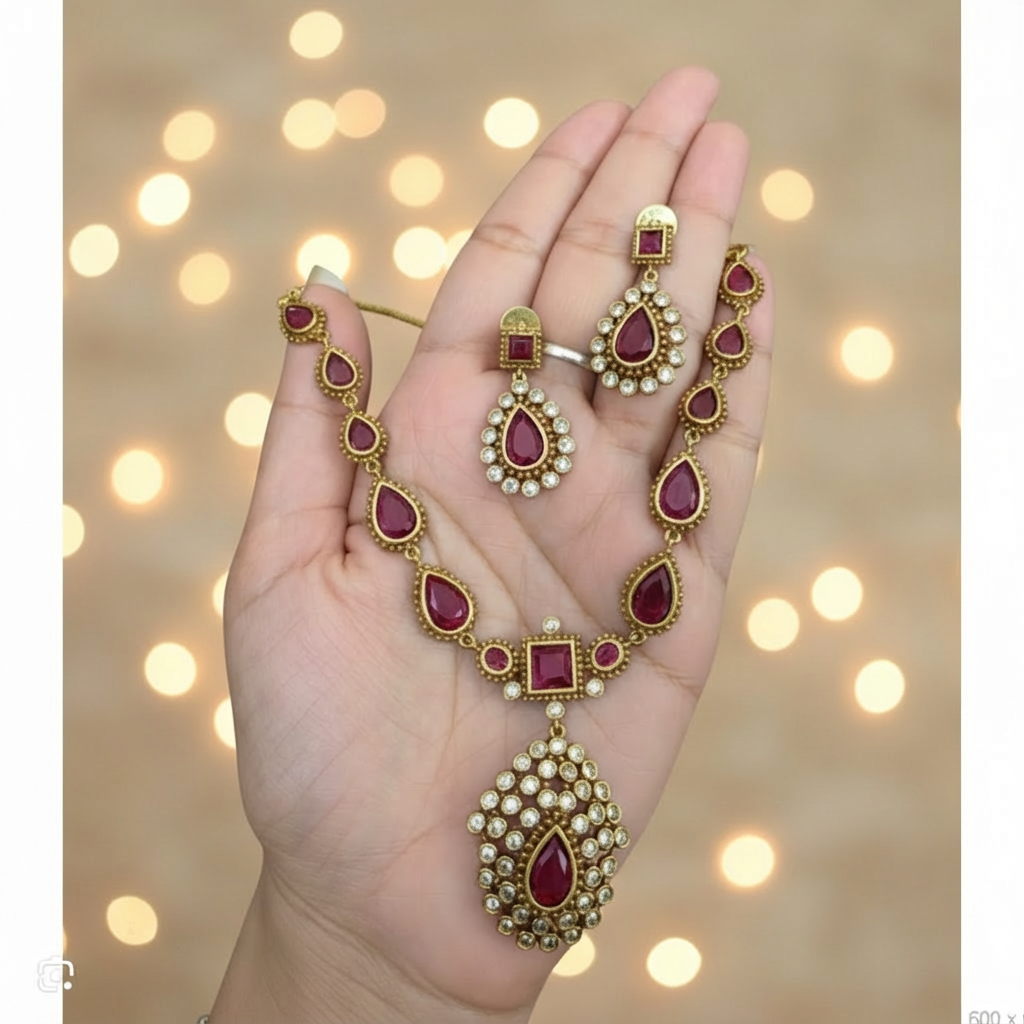 AD and Ruby Short Chain Necklace Set