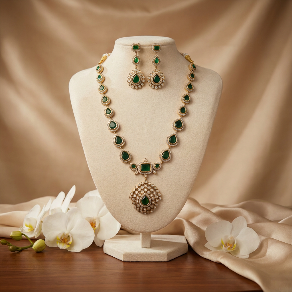 AD and Emerald Chain Necklace Set