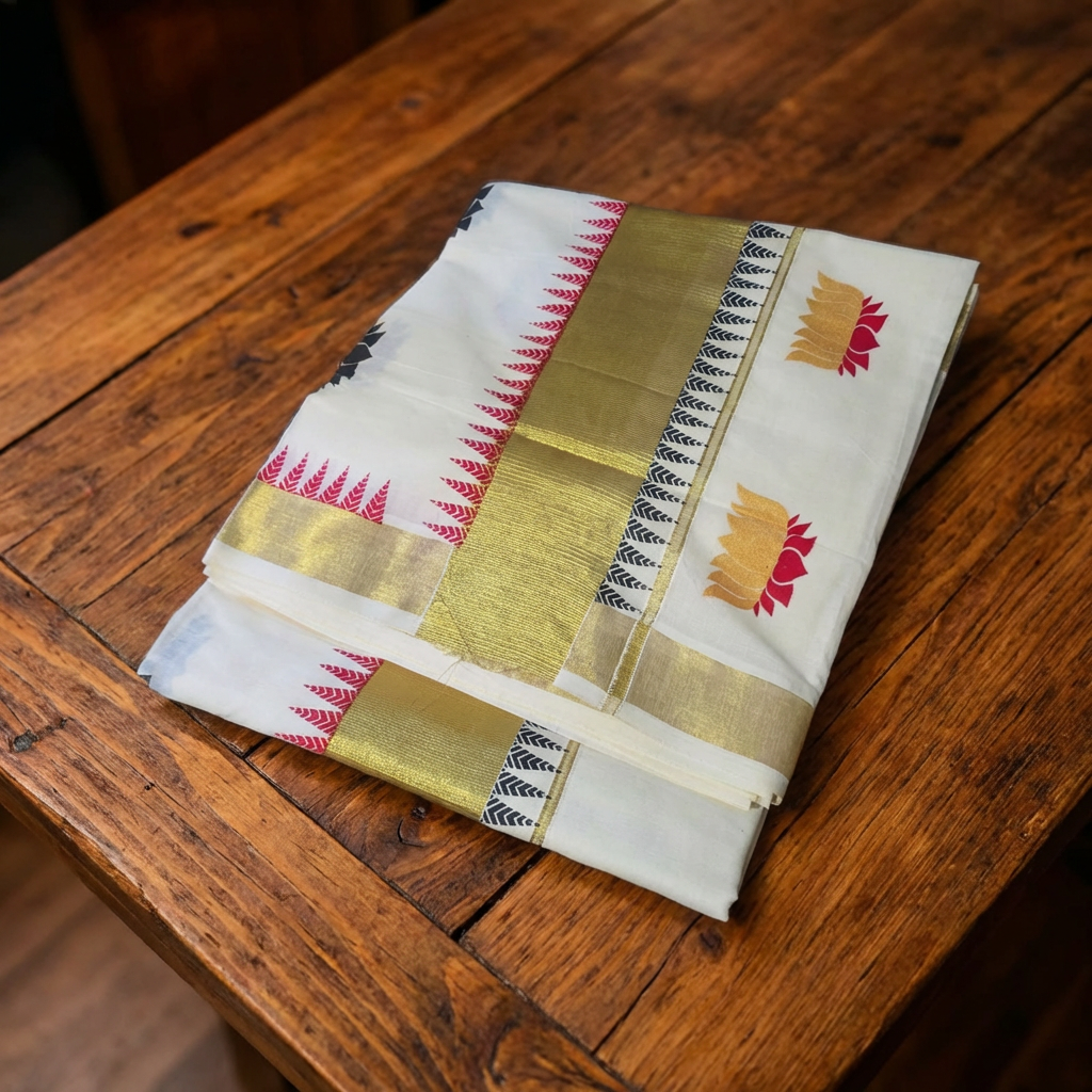 Kerala Kasavu Saree with Golden Zari Border & Lotus Motifs