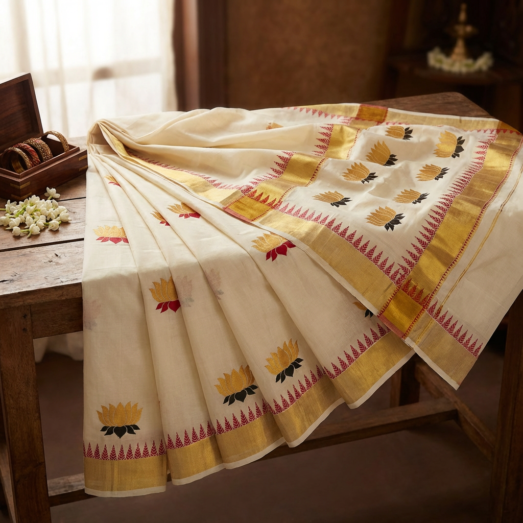 Kerala Kasavu Saree with Golden Zari Border & Lotus Motifs