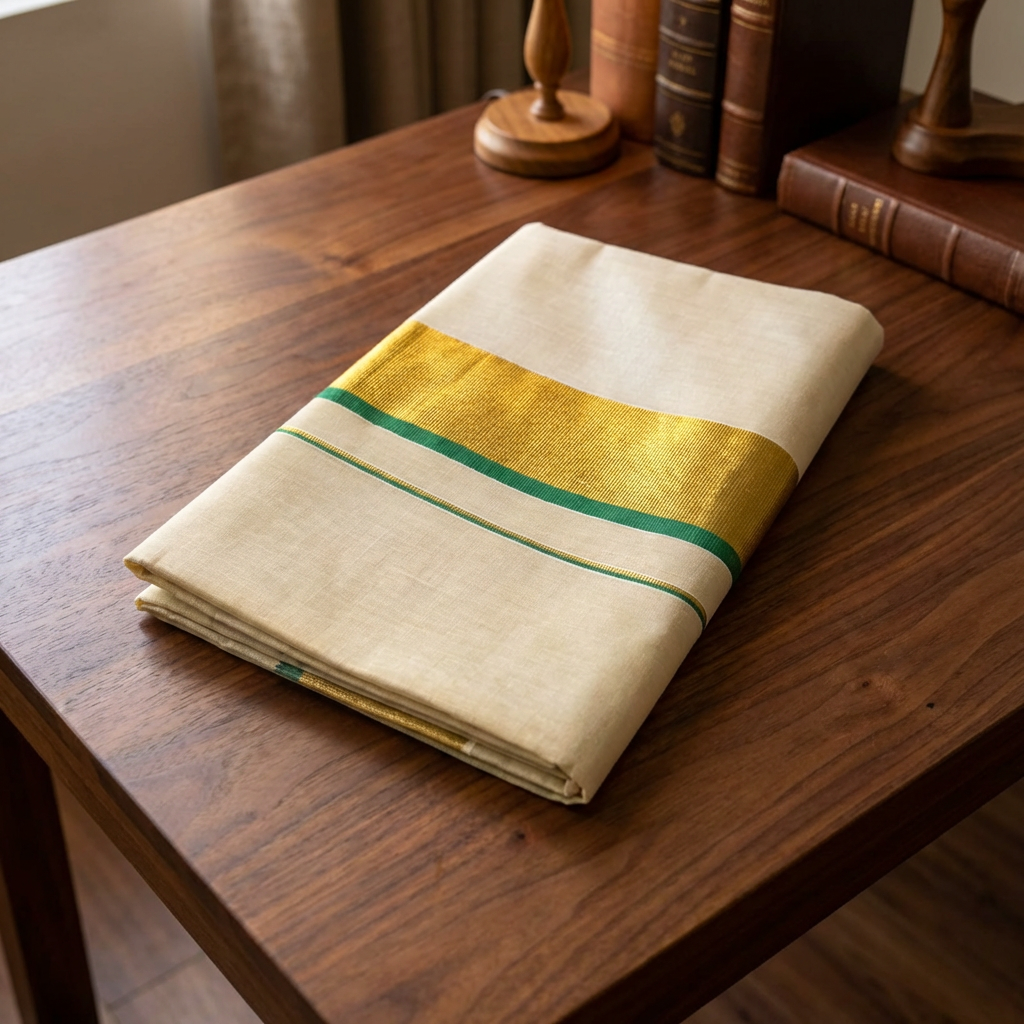 Kerala Kasavu Tissue Saree – Green Border