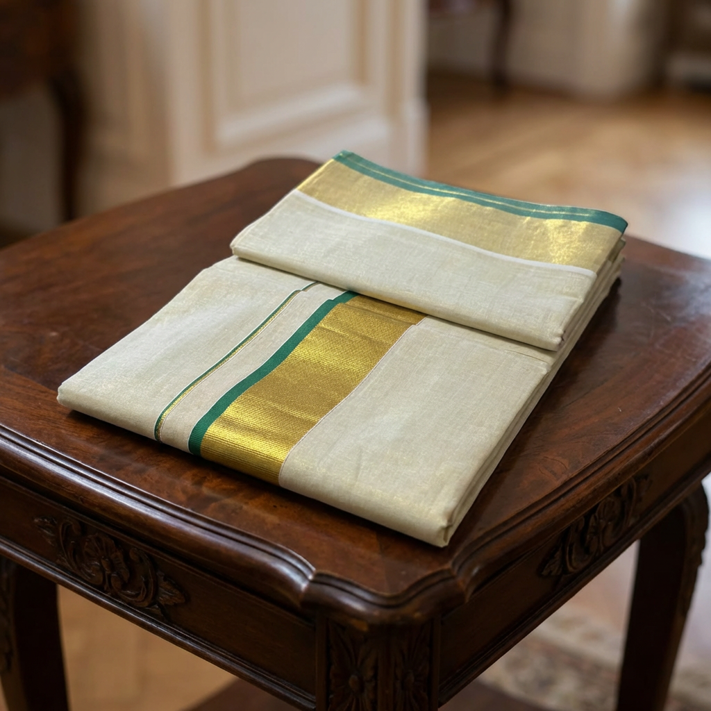 Kerala Kasavu Tissue Saree – Green Border