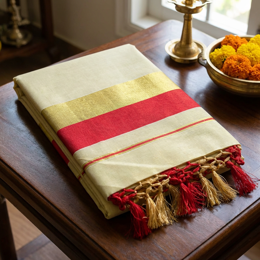 Kerala Kasavu Tissue Saree with Red & Gold Border