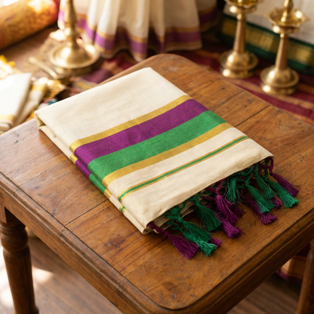 Kerala Kasavu Tissue Saree with Green & Purple Border