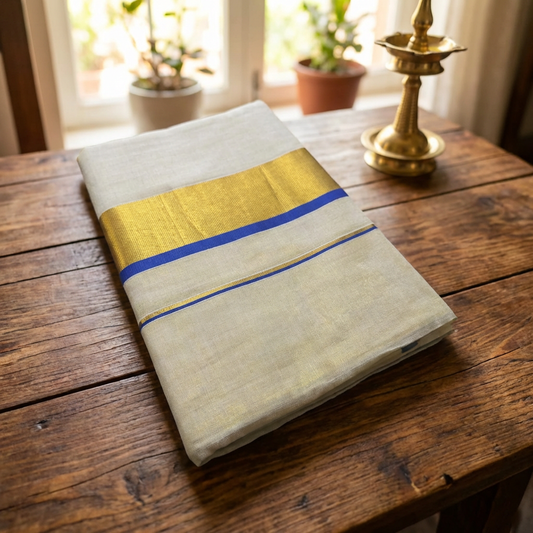 Kerala Kasavu Tissue Saree – Blue Border