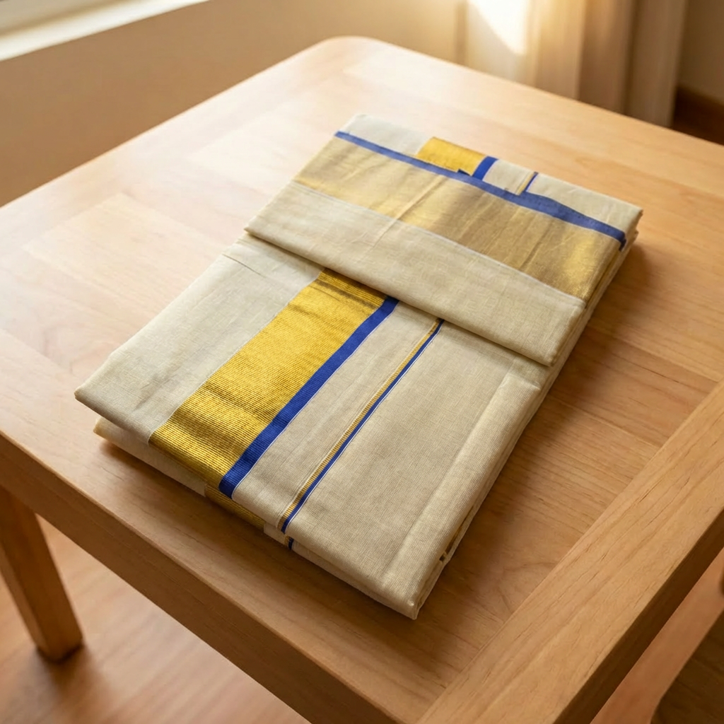 Kerala Kasavu Tissue Saree – Blue Border