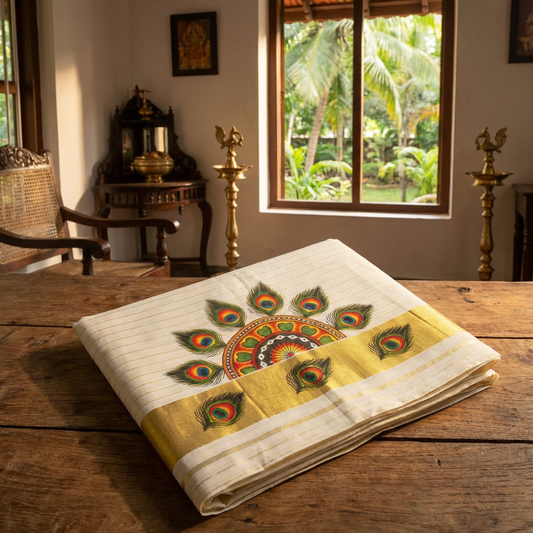Kerala Kasavu Cotton Saree – Peacock Motif