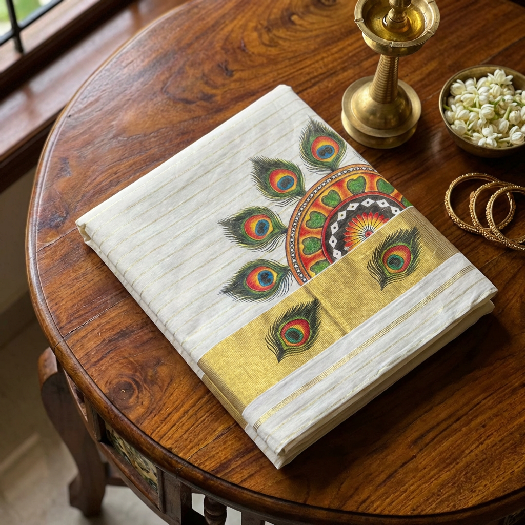 Kerala Kasavu Cotton Saree – Peacock Motif